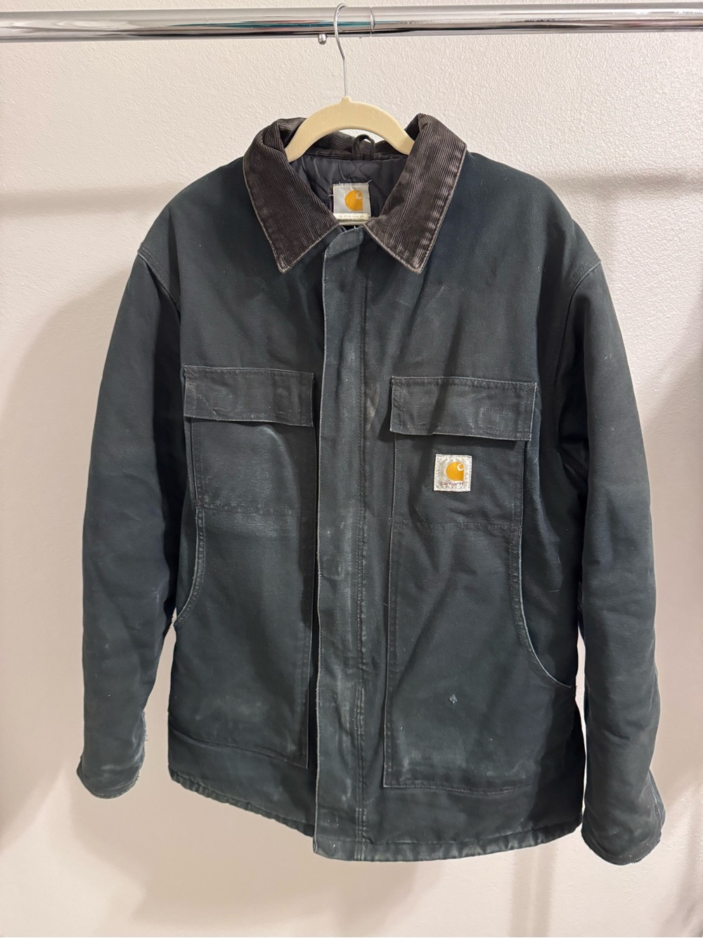 Vintage Carhartt Faded Black Canvas Duck Coat with Dark Brown Corduroy Collar